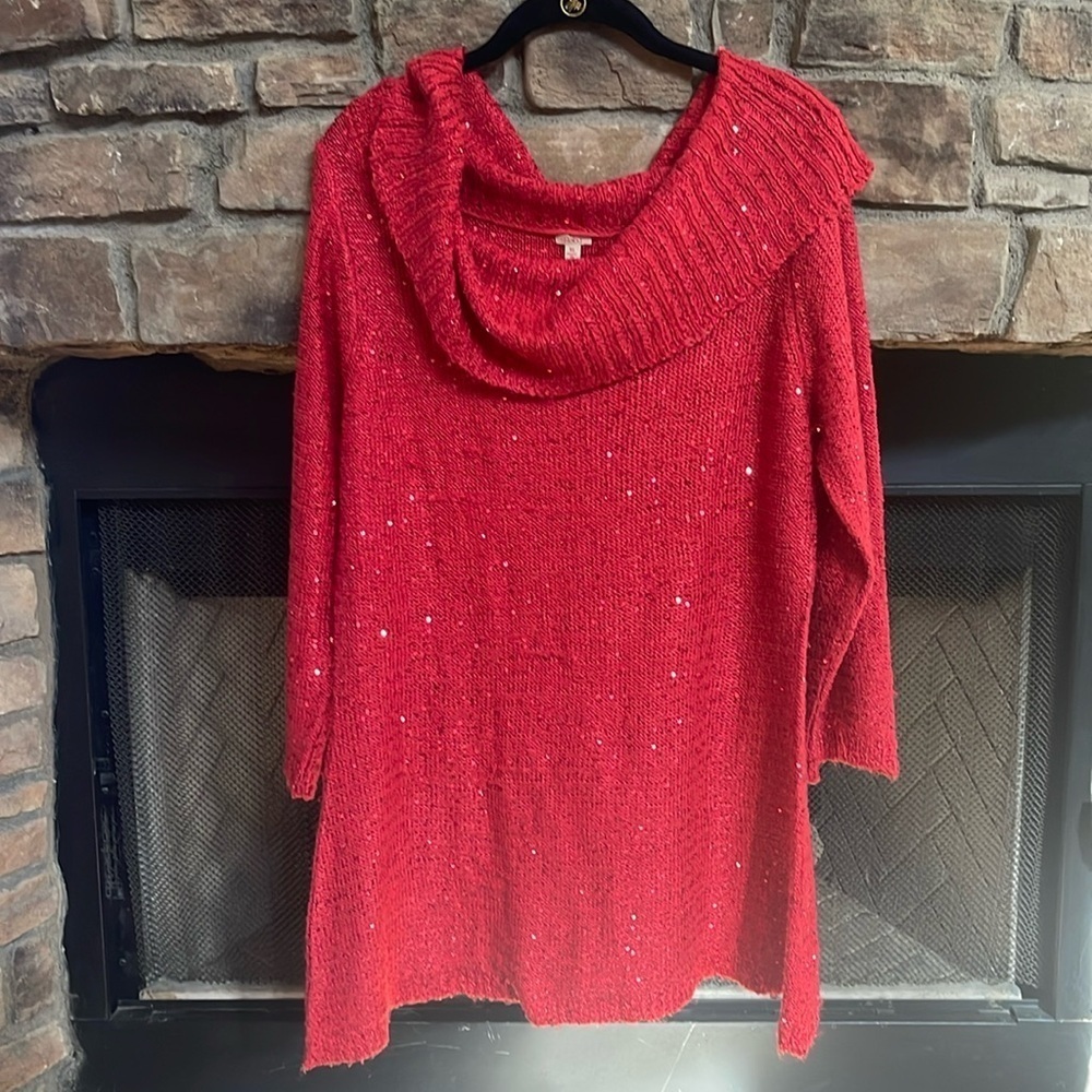 Reba Red sequin cowl sweater. Size XL